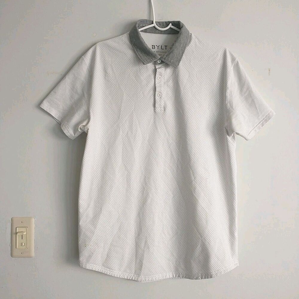 BYLT Drop Cut Short Sleeve Polo Shirt Mens L White Gray Swiss Dots Stretch